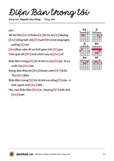 Hợp âm Điện Bàn trong tôi (Nguyễn Huy Hùng) – bản nhạc PDF trang 1, tông Em