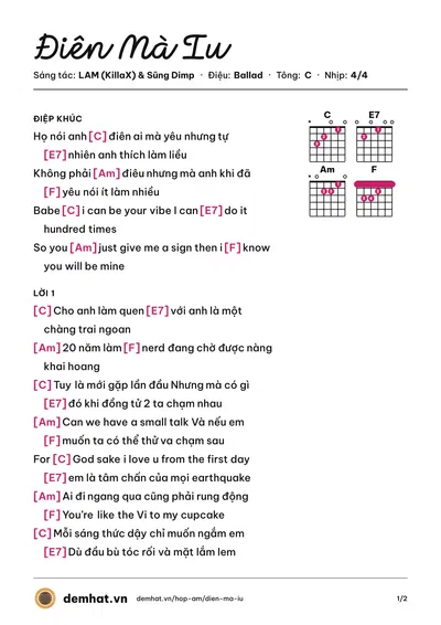 Hợp âm Điên Mà Iu (LAM (KillaX)) – bản nhạc PDF trang 1, tông C