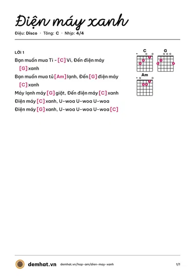 Hợp âm Điện máy xanh (Quân Keyboard) – bản nhạc PDF trang 1, tông C