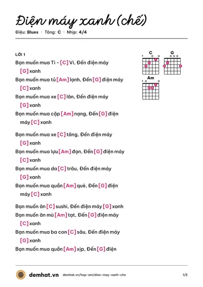 Hợp âm Điện máy xanh (chế) (Quân Keyboard) – bản nhạc PDF trang 1, tông C
