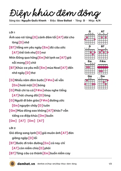 Hợp âm Điệp khúc đêm đông (Hoàng Trung) – bản nhạc PDF trang 1, tông D