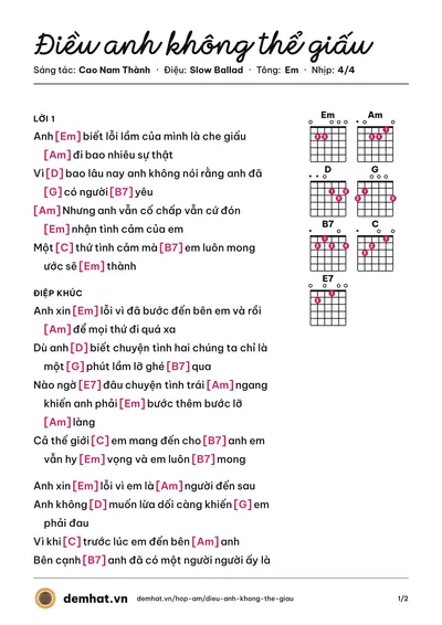 Hợp âm Điều anh không thể giấu (Cao Nam Thành) – bản nhạc PDF trang 1, tông Em