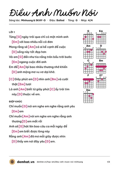 Hợp âm Điều Anh Muốn Nói (SKAY-D) – bản nhạc PDF trang 1, tông G