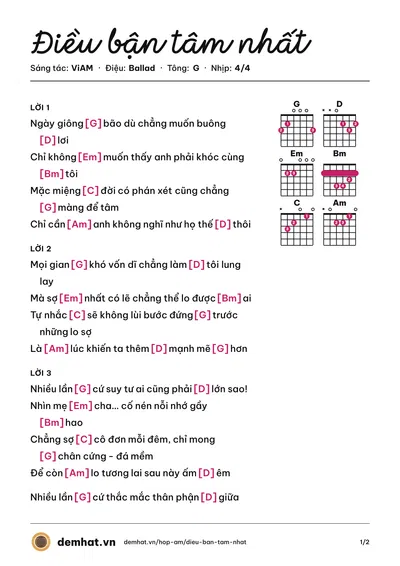 Hợp âm Điều bận tâm nhất (Oanh Tạ) – bản nhạc PDF trang 1, tông G