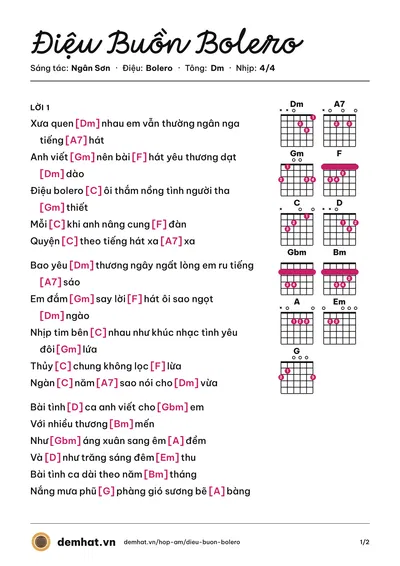 Hợp âm Điệu Buồn Bolero (Bích Tuyền) – bản nhạc PDF trang 1, tông Dm