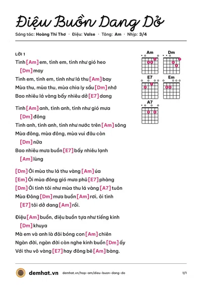 Hợp âm Điệu Buồn Dang Dở (Thảo Ly) – bản nhạc PDF trang 1, tông Am