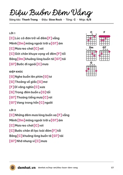 Hợp âm Điệu Buồn Đêm Vắng (Thanh Trang) – bản nhạc PDF trang 1, tông C