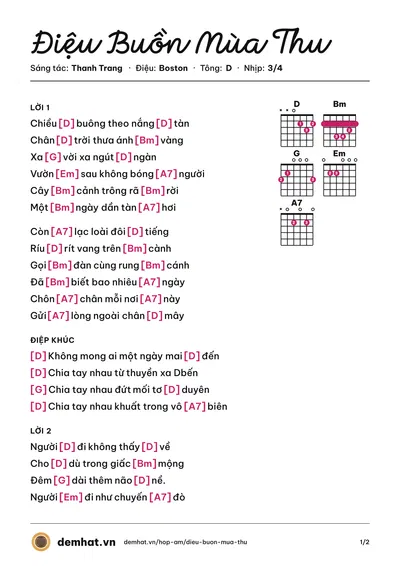 Hợp âm Điệu Buồn Mùa Thu (Thanh Trang) – bản nhạc PDF trang 1, tông D