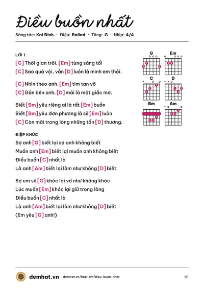 Hợp âm Điều buồn nhất (Kai Đinh) – bản nhạc PDF trang 1, tông G