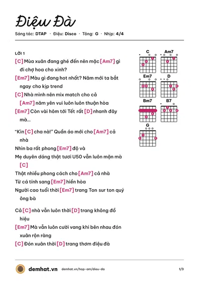 Hợp âm Điệu Đà (Phương Mỹ Chi) – bản nhạc PDF trang 1, tông G