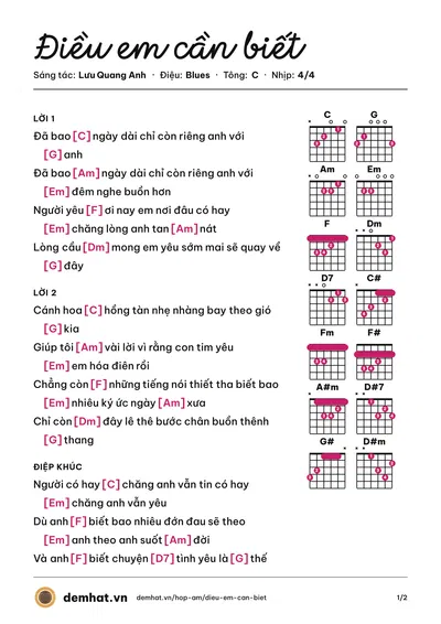 Hợp âm Điều em cần biết (Lưu Quang Anh) – bản nhạc PDF trang 1, tông C