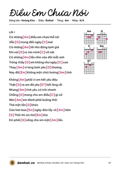 Hợp âm Điều Em Chưa Nói (Hoàng Kha) – bản nhạc PDF trang 1, tông Am