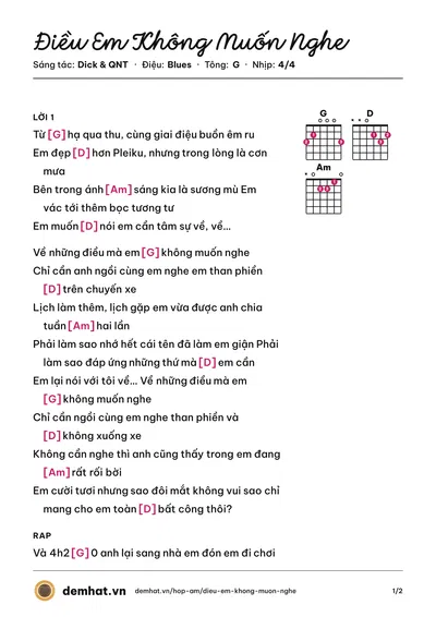Hợp âm Điều Em Không Muốn Nghe (QNT) – bản nhạc PDF trang 1, tông G
