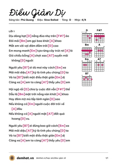 Hợp âm Điều Giản Dị (Hồng Nhung) – bản nhạc PDF trang 1, tông D
