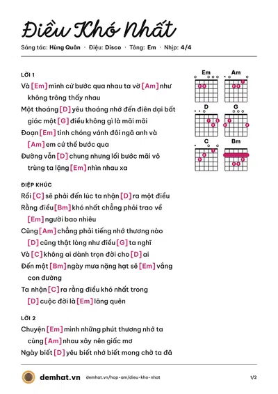 Hợp âm Điều Khó Nhất (Nguyễn Thạc Bảo Ngọc) – bản nhạc PDF trang 1, tông Em