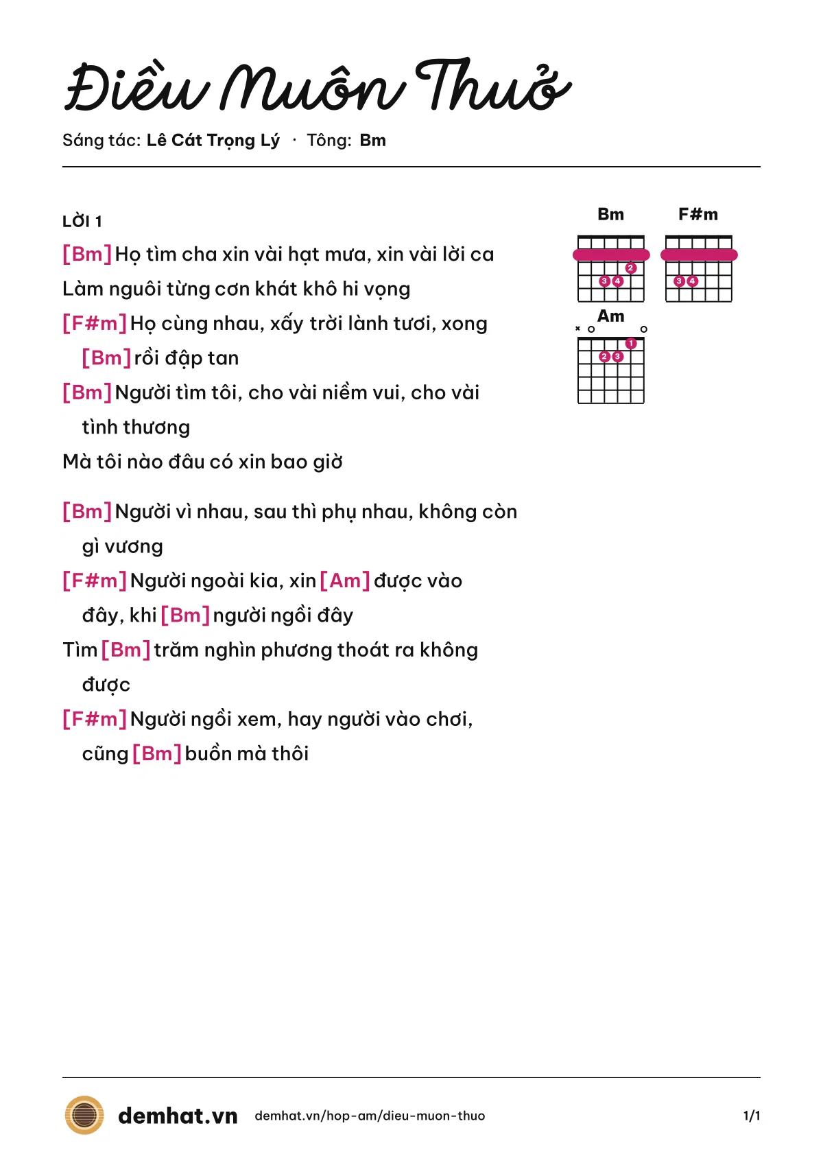 Hợp âm Điều Muôn Thuở (Lê Cát Trọng Lý) – bản nhạc PDF trang 1, tông Bm