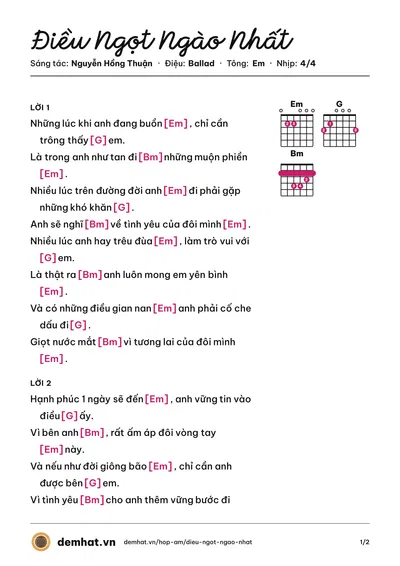 Hợp âm Điều Ngọt Ngào Nhất (Cao Thái Sơn) – bản nhạc PDF trang 1, tông Em