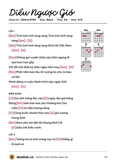 Hợp âm Diều Ngược Gió (52Hz) – bản nhạc PDF trang 1, tông Em