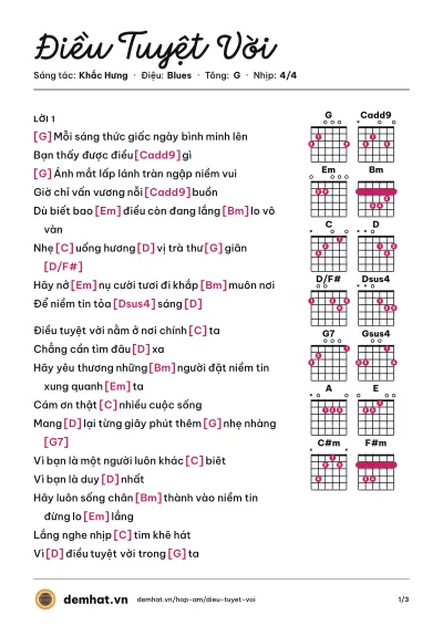 Hợp âm Điều Tuyệt Vời (Mỹ Tâm) – bản nhạc PDF trang 1, tông G