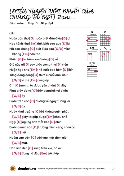 Hợp âm [ĐIỀU TUYỆT VỜI NHẤT CỦA CHÚNG TA OST] Bạn Thân Mến (Gia Khánh) – bản nhạc PDF trang 1, tông G