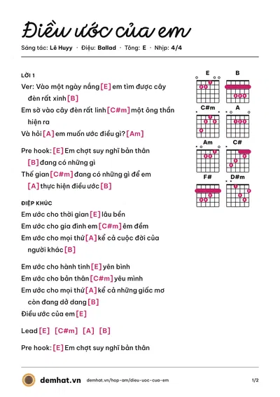 Hợp âm Điều ước của em (The MM) – bản nhạc PDF trang 1, tông E