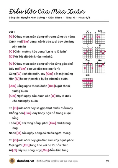 Hợp âm Điều Ước Của Mùa Xuân (Hồ Ngọc Hà) – bản nhạc PDF trang 1, tông G