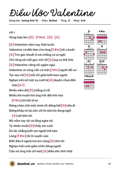 Hợp âm Điều Ước Valentine (Vương Anh Tú) – bản nhạc PDF trang 1, tông D