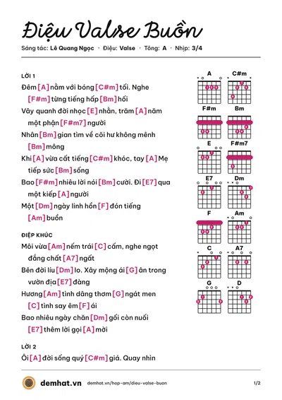 Hợp âm Điệu Valse Buồn (Lê Quang Ngọc) – bản nhạc PDF trang 1, tông A