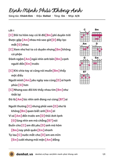 Hợp âm Định Mệnh Phải Không Anh (Lương Bích Hữu) – bản nhạc PDF trang 1, tông Em