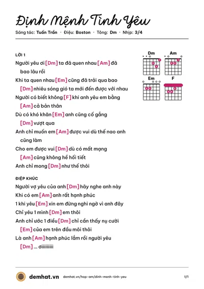 Hợp âm Định Mệnh Tình Yêu (Tuấn Trần) – bản nhạc PDF trang 1, tông Dm