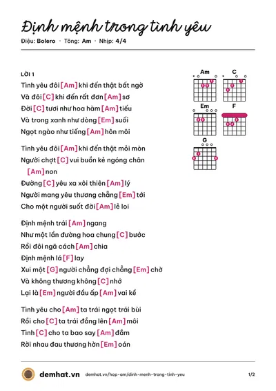 Hợp âm Định mệnh trong tình yêu (Giao Linh) – bản nhạc PDF trang 1, tông Am