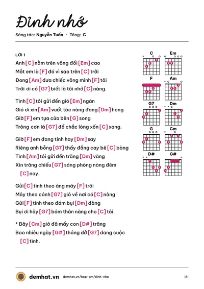Hợp âm Đỉnh nhớ (Bảo Yến) – bản nhạc PDF trang 1, tông C
