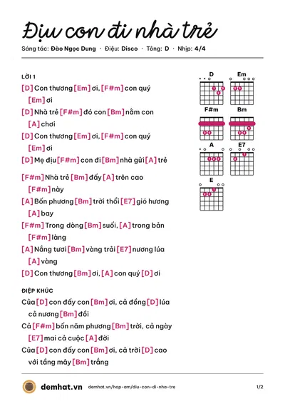 Hợp âm Địu con đi nhà trẻ (Kim Yến) – bản nhạc PDF trang 1, tông D