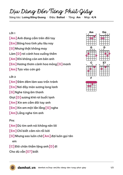 Hợp âm Dịu Dàng Đến Từng Phút Giây (Quang Vinh) – bản nhạc PDF trang 1, tông Am