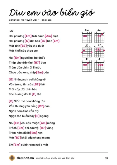 Hợp âm Dìu em vào biển gió (Hà Huyền Chi) – bản nhạc PDF trang 1, tông Em