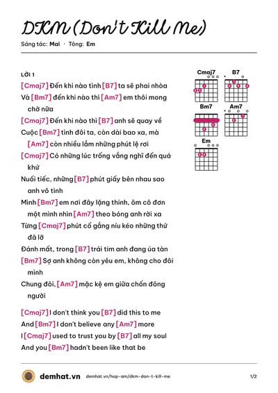 Hợp âm DKM (Don't Kill Me) (Mai) – bản nhạc PDF trang 1, tông Em