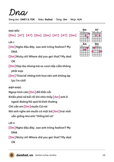 Hợp âm Dna (Nicky) – bản nhạc PDF trang 1, tông Dm