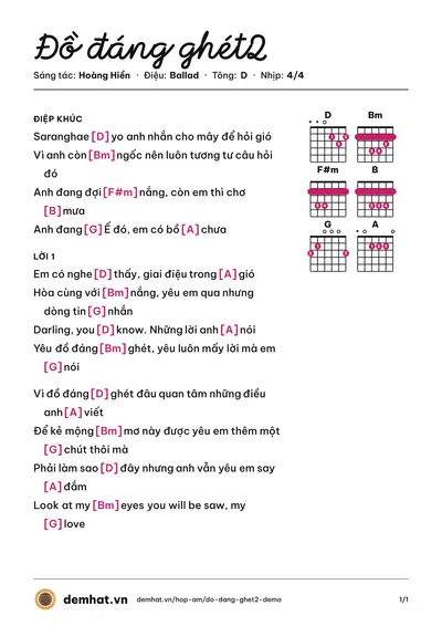 Hợp âm Đồ đáng ghét2 (Hoàng Hiền) – bản nhạc PDF trang 1, tông D
