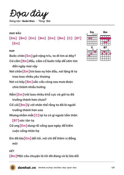 Hợp âm Đọa đày (Quân Đao) – bản nhạc PDF trang 1, tông Em
