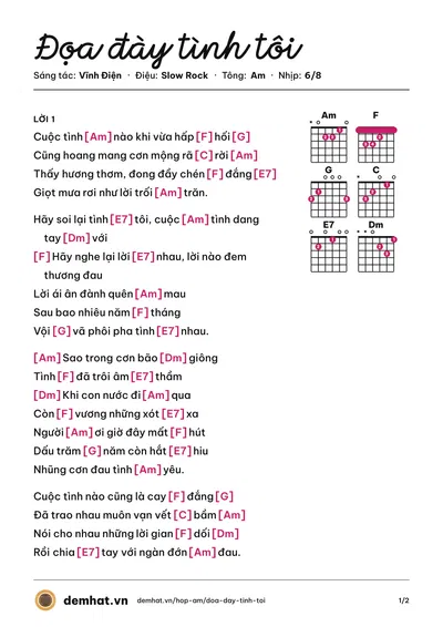 Hợp âm Đọa đày tình tôi (Nguyễn Quang) – bản nhạc PDF trang 1, tông Am