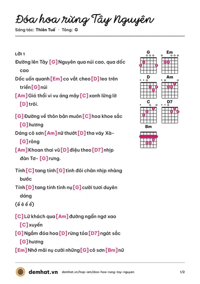 Hợp âm Đóa hoa rừng Tây Nguyên (Hoàng Nghiệp) – bản nhạc PDF trang 1, tông G