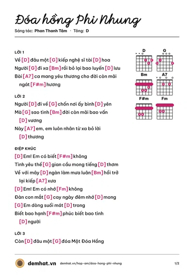 Hợp âm Đóa hồng Phi Nhung (Vũ Tuấn) – bản nhạc PDF trang 1, tông D