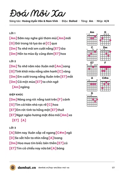 Hợp âm Đoá Môi Xa (Nam Vĩnh) – bản nhạc PDF trang 1, tông Am