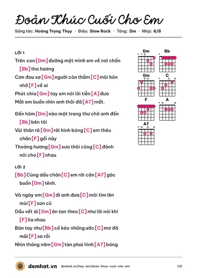Hợp âm Đoản Khúc Cuối Cho Em (Tuấn Hưng) – bản nhạc PDF trang 1, tông Dm