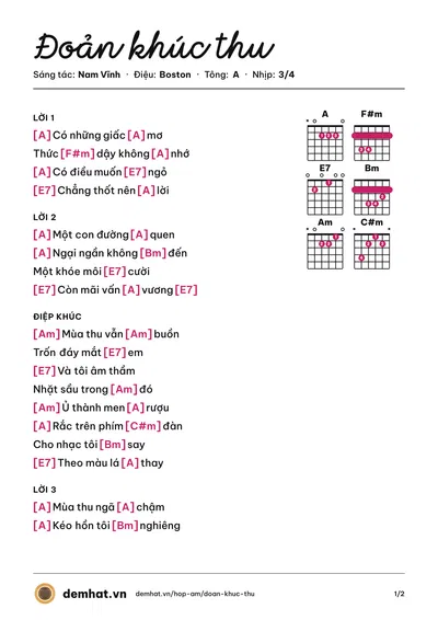 Hợp âm Đoản khúc thu (Nam Vĩnh) – bản nhạc PDF trang 1, tông A