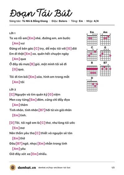 Hợp âm Đoạn Tái Bút (Chế Linh) – bản nhạc PDF trang 1, tông Em