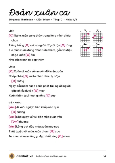 Hợp âm Đoản xuân ca (Thanh Lan) – bản nhạc PDF trang 1, tông C