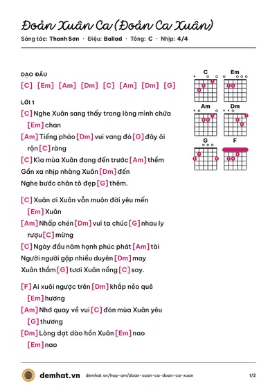Hợp âm Đoản Xuân Ca (Đoản Ca Xuân) (Nguyễn Phi Hùng) – bản nhạc PDF trang 1, tông C