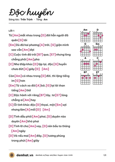 Hợp âm Độc huyền (Hương Lan) – bản nhạc PDF trang 1, tông Am