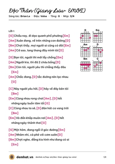 Hợp âm Độc Thân (Giang Lưu- EMOI) (Giang Lưu) – bản nhạc PDF trang 1, tông G
